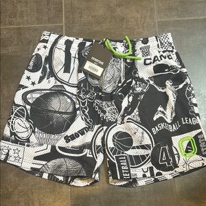 Overtime Brooklyn Black and White Basketball Graphic Shorts L